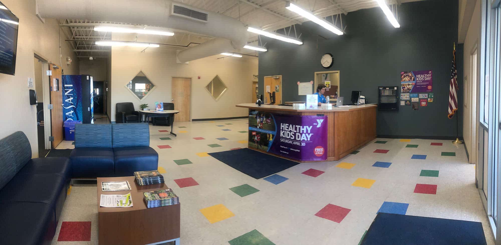 Reception area with colorful tiles | YMCA Ocean Community | YMCA In Rhode Island