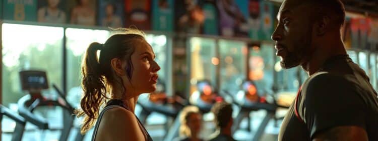 a focused personal trainer enthusiastically guides a client through an intense workout session inside a modern ymca training facility, surrounded by state-of-the-art fitness equipment and vibrant motivational posters.