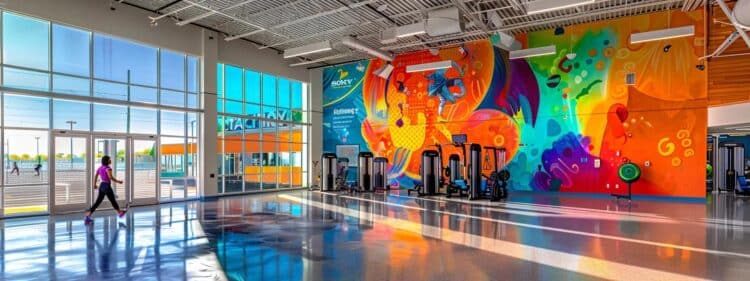 a dynamic indoor personal training session unfolds at the south county ymca, with a determined athlete engaged in a high-energy workout surrounded by vibrant fitness equipment and motivational wall art, capturing the spirit of progress and community.