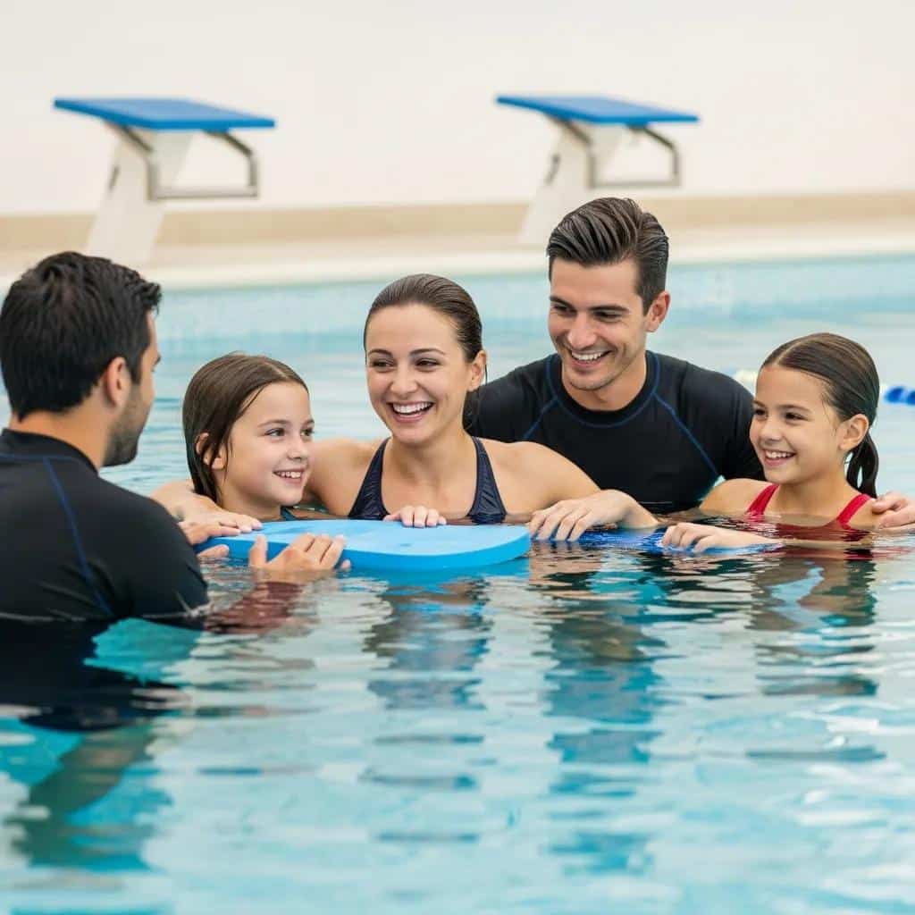 A family enjoying swim lessons together, highlighting the benefits of shared experiences and teamwork