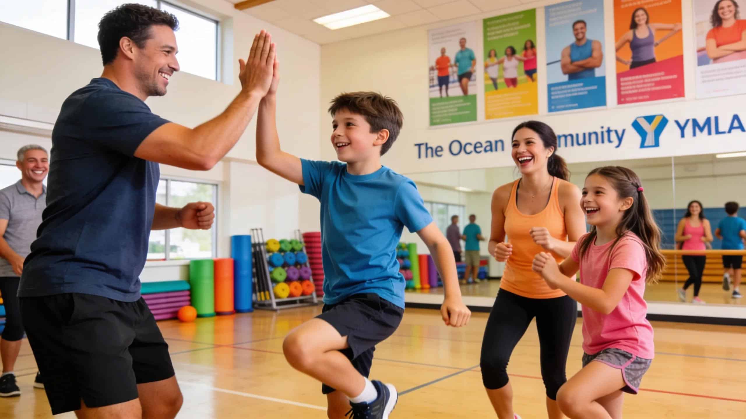 Family participating in fitness activities at Ocean Community YMCA emphasizing togetherness and healthy living